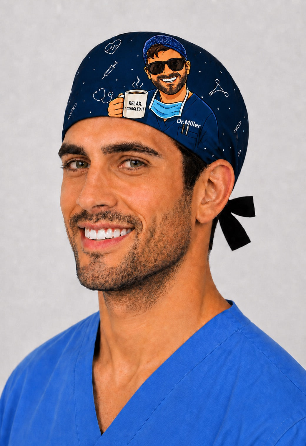 Three-quarter view of a custom photo printing cartoon scrub cap — your picture turned into a Relax I Googled It surgeon caricature on a black tie-back funny gift surgical hat, OR World
