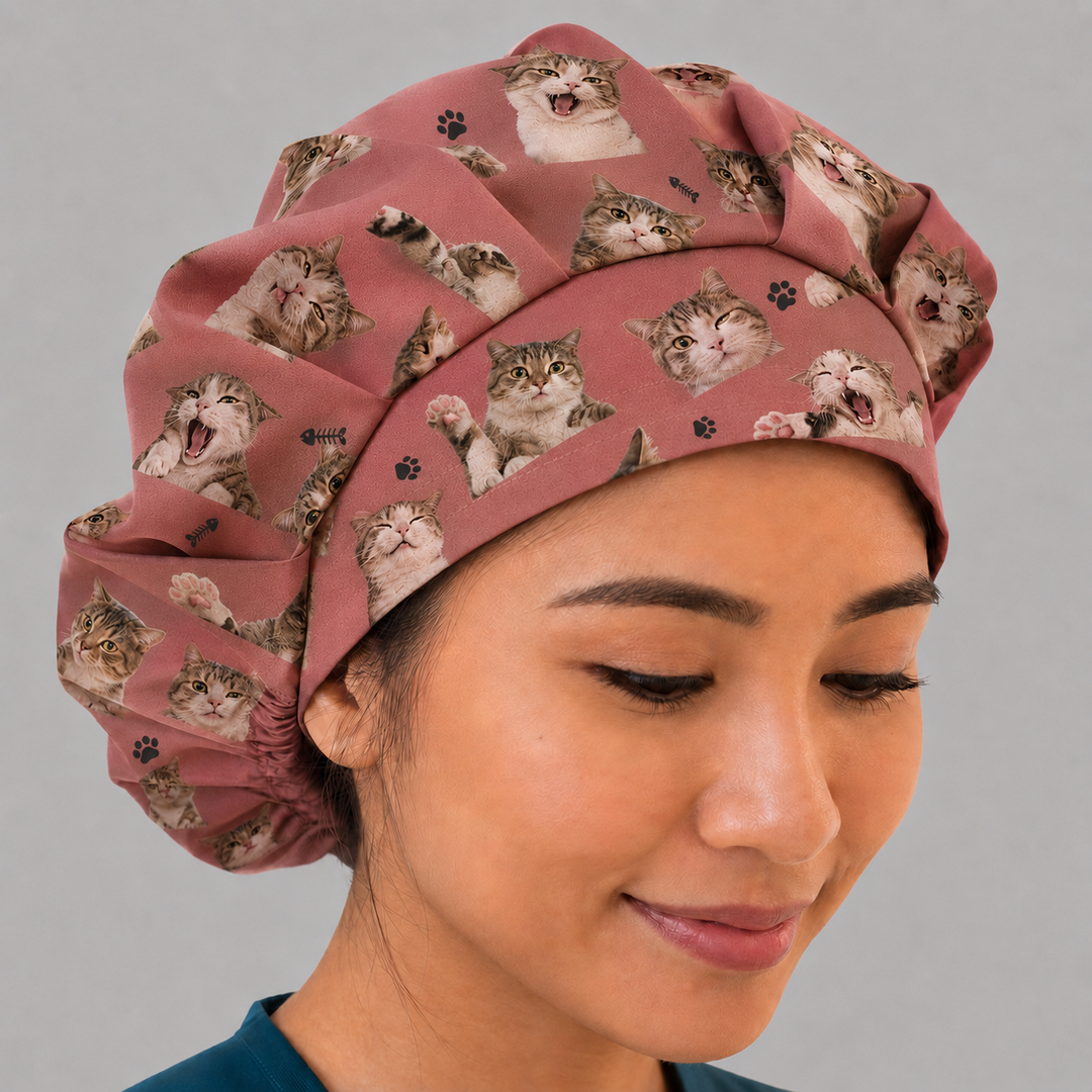 custom cat photo bouffant scrub cap for women right angled view — cat faces and paw prints — personalized gift for cat loving nurse surgeon vet — OR World
