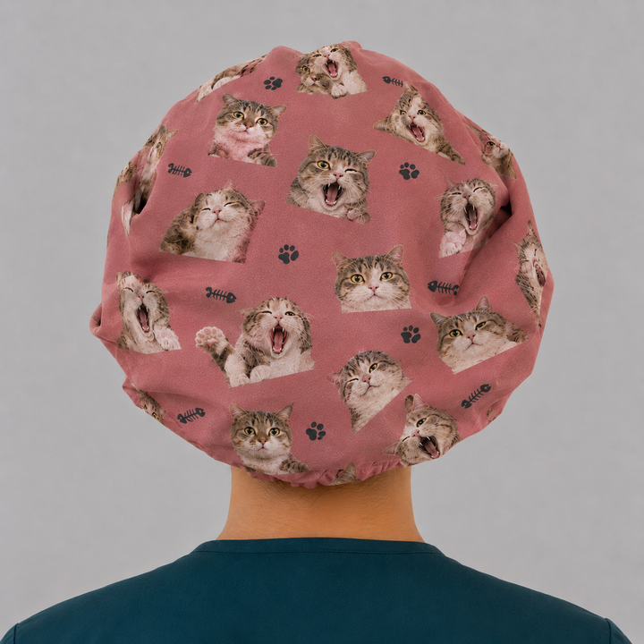 custom cat photo bouffant scrub cap back view — handmade personalized surgical hat — gift for cat loving surgeon nurse OR World