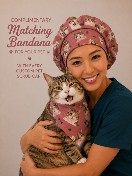 custom cat photo bouffant scrub cap with cat wearing bandana cat owner front view dusty rose — cat faces and paw prints — personalized gift for cat loving nurse surgeon vet — OR World