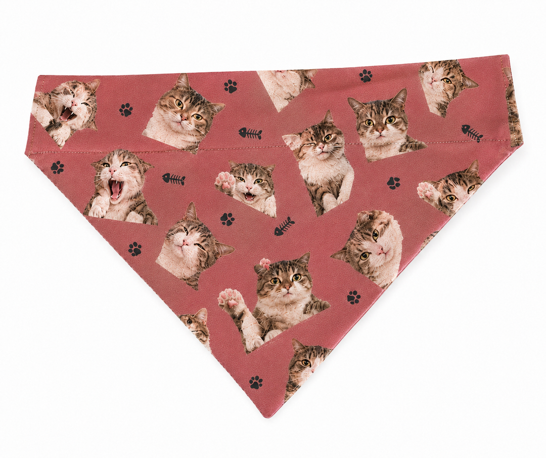 custom cat photo bouffant scrub cap closeup free bandana showing cat faces and paw prints fish bone details — unique gift for cat lover in healthcare OR World