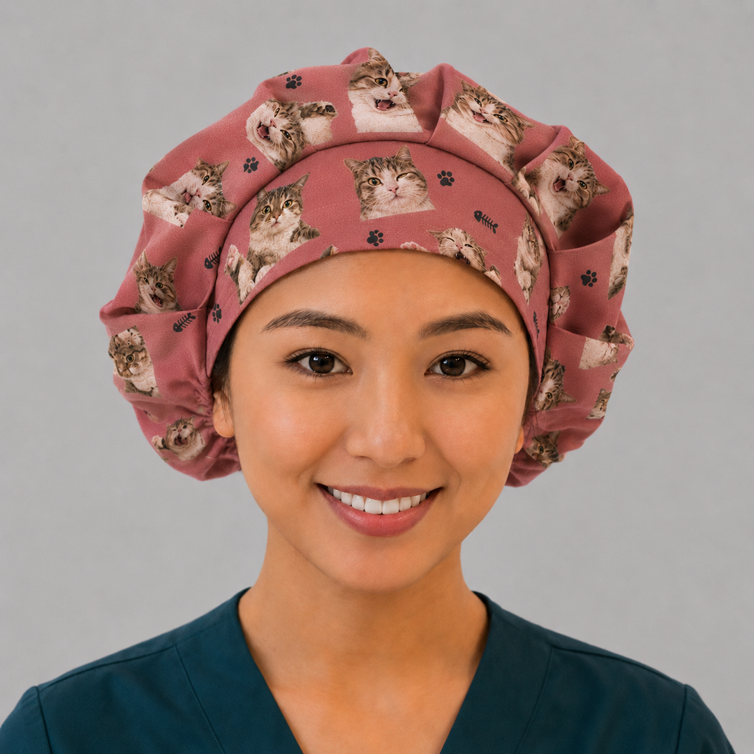 custom cat photo bouffant scrub cap front view dusty rose — cat faces and paw prints — personalized gift for cat loving nurse surgeon vet — OR World