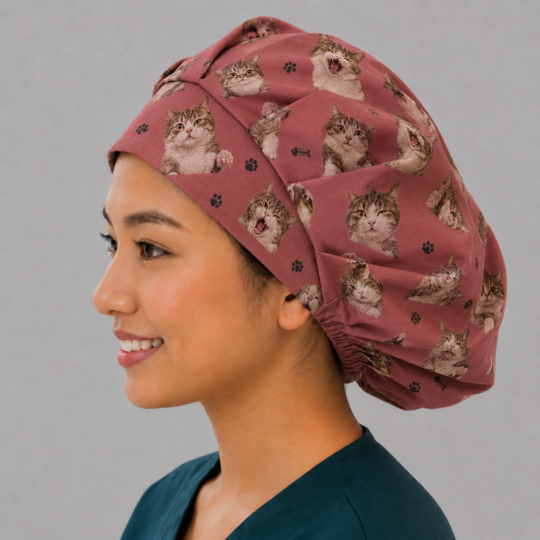 custom cat photo bouffant scrub cap left side — cat lover nurse gift — personalized surgical hat with cat faces handmade USA OR World