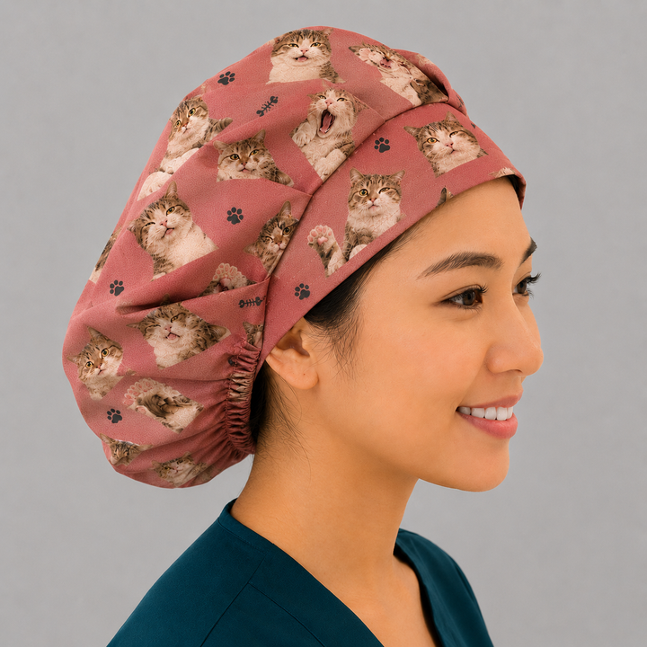 custom cat photo bouffant scrub cap right side — gift for veterinarian vet tech cat lover — personalized surgical cap OR World