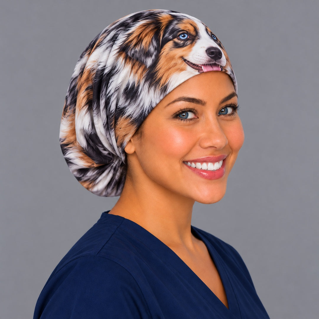 Right side view of a custom dog face euro cap with merle and copper fur wrapping to the back, a personalized gift for anesthesia and CRNAs