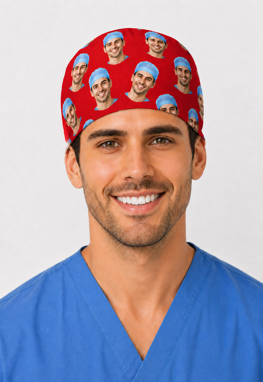 custom face photo mens scrub cap front view red background surgeon wearing his own face personalized surgical hat gift for surgeon handmade USA OR World
