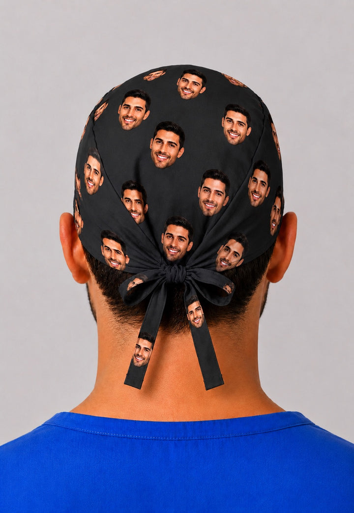 Back view of black personalized face photo scrub cap with adjustable tie-back — custom scattered face surgical hat for men, women-owned and handmade USA.