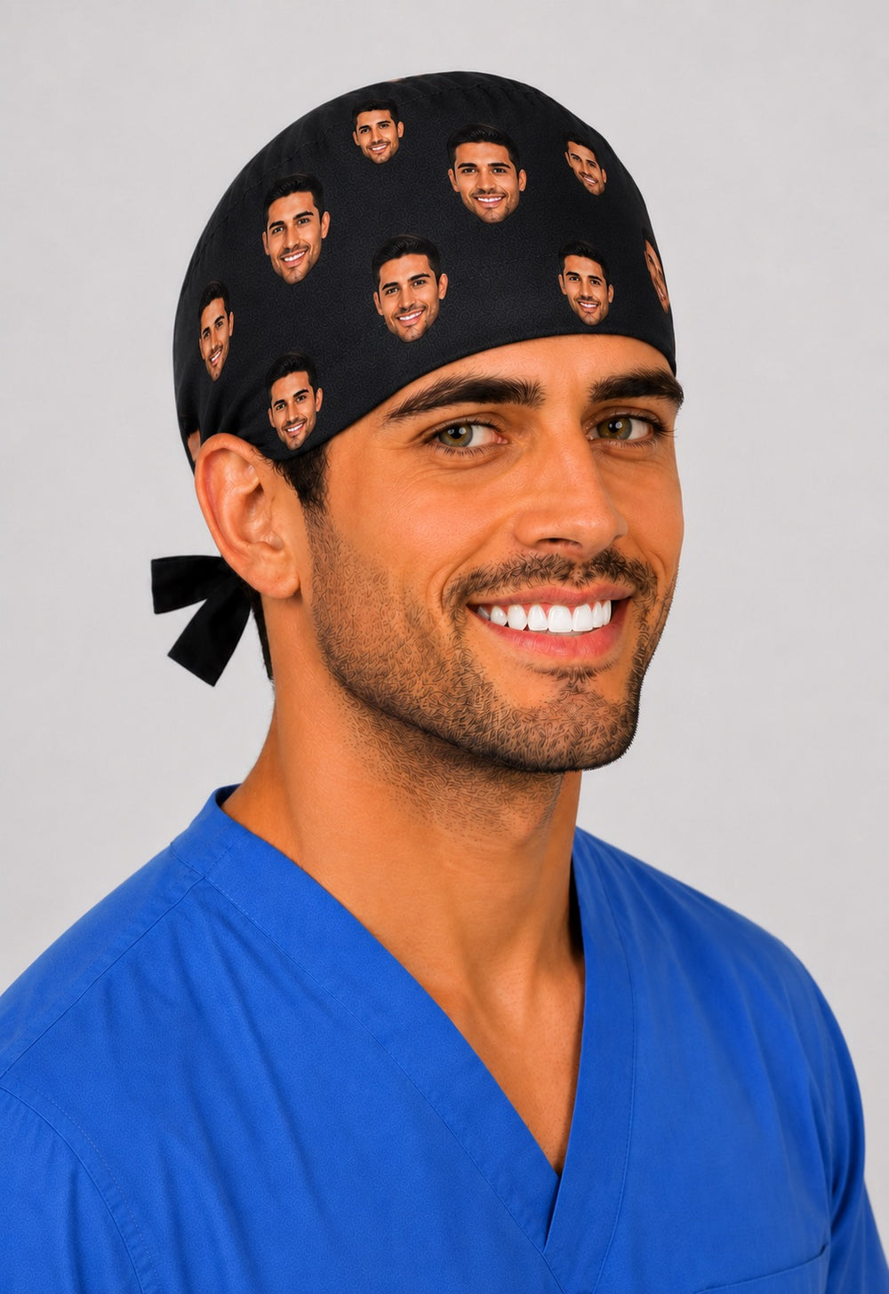 Midnight black custom scattered face photo scrub cap for men, front view — sleek personalized surgical hat gift for surgeons and OR teams.