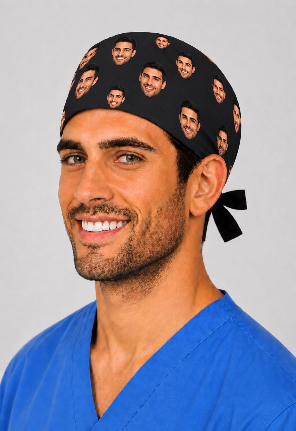 Side angle of black custom scattered face photo men's surgical hat with repeating portrait print — premium personalized scrub cap by OR World.