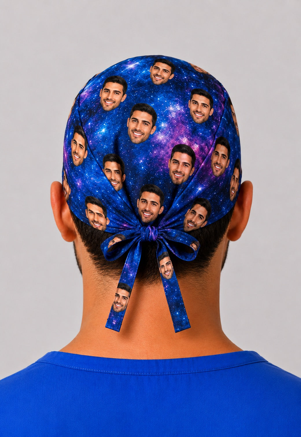 Back view of custom galaxy face photo scrub cap showing adjustable tie-back closure — men&
