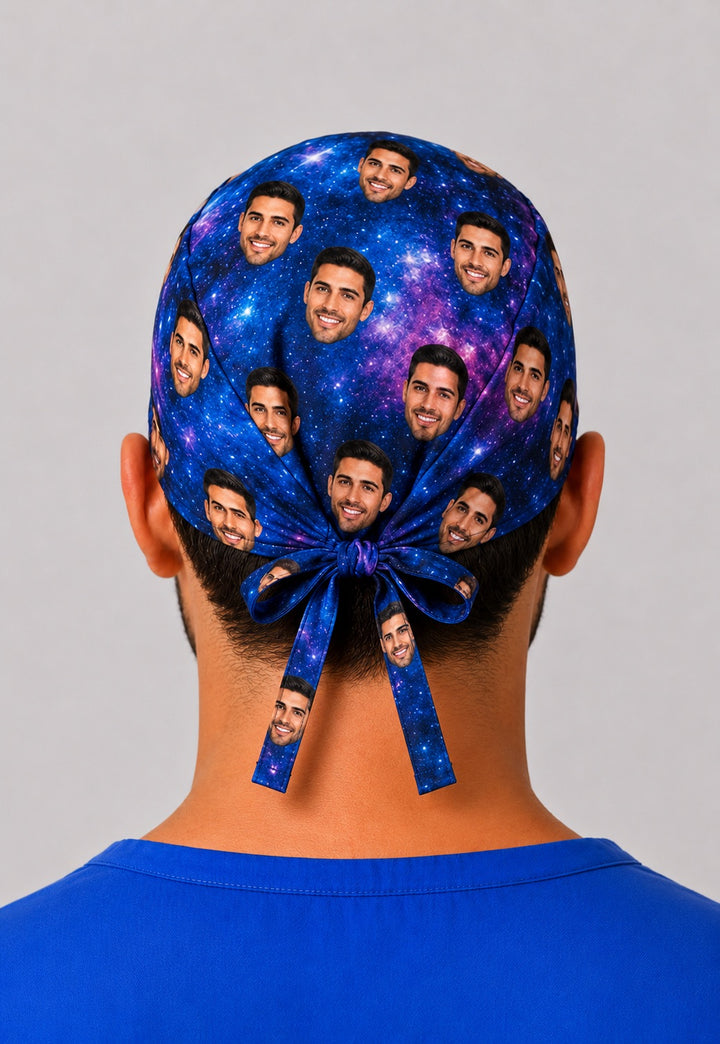 Back view of custom galaxy face photo scrub cap showing adjustable tie-back closure — men&