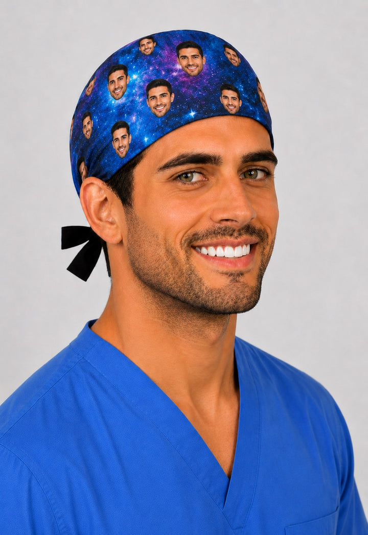 Front view of personalized galaxy scattered face photo scrub cap for men — custom surgical hat with your face for surgeons and OR nurses.
