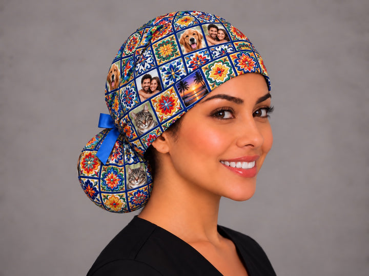 Right three-quarter angle of a custom family photo ponytail OR cap, with a couple photo tile on the crown and a full round bun pouch at the nape