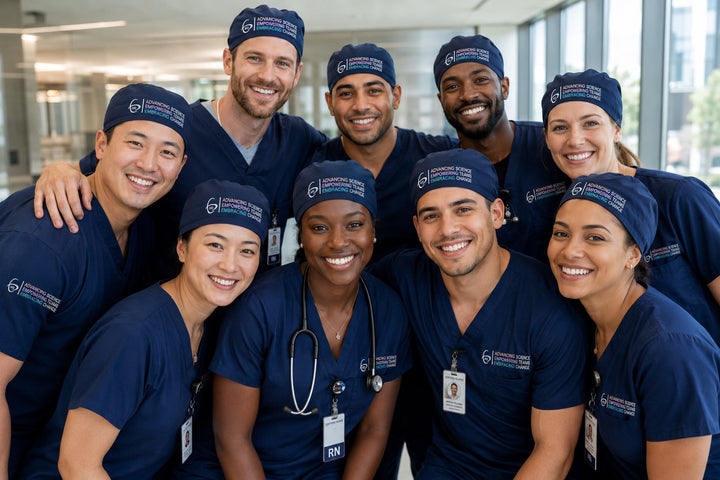 Medical team wearing matching embroidered custom logo scrub caps for a residency and university bulk order — SGO team, OR World