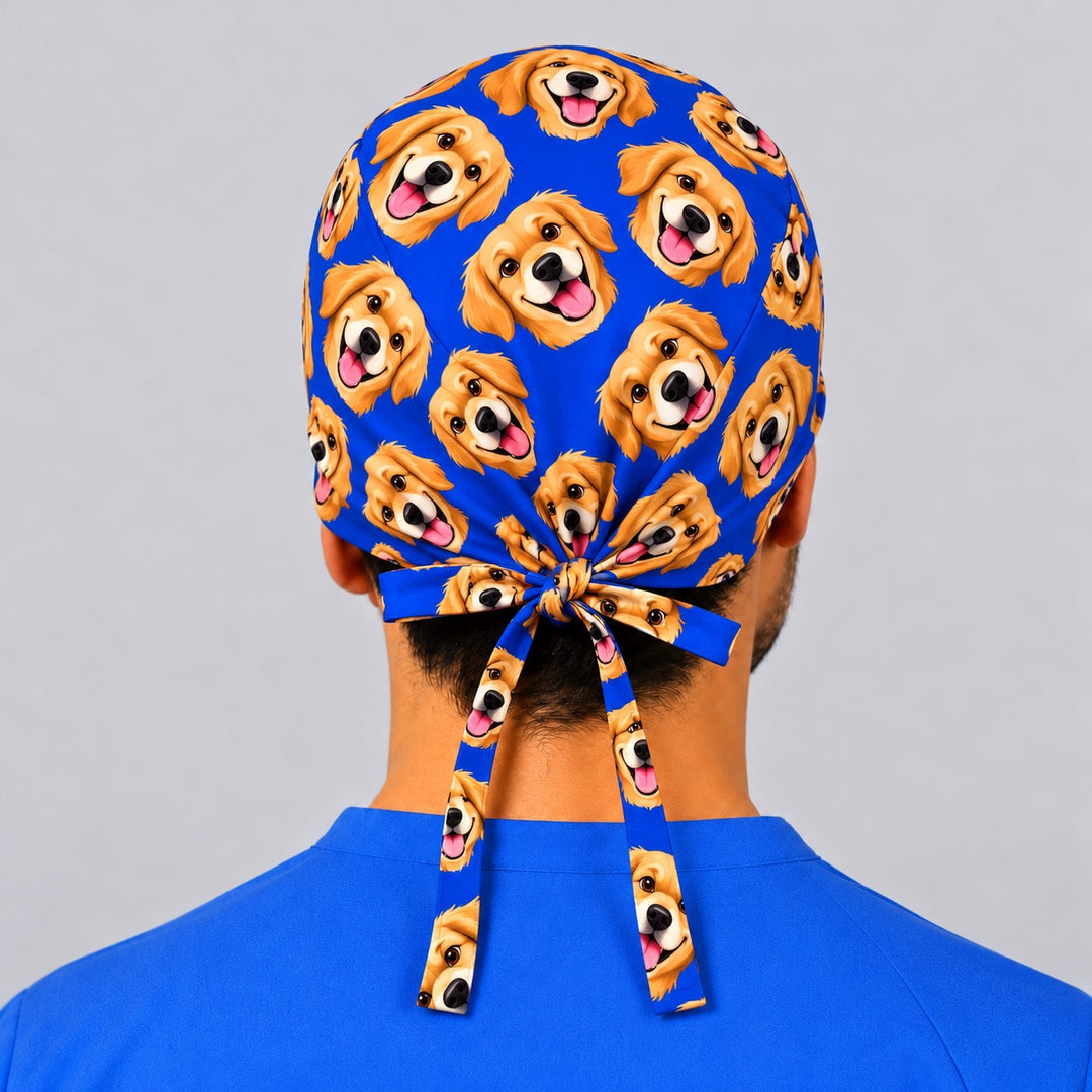 Back view of a custom pet cartoon tie-back scrub cap showing adjustable printed ties, a personalized gift for vet techs
