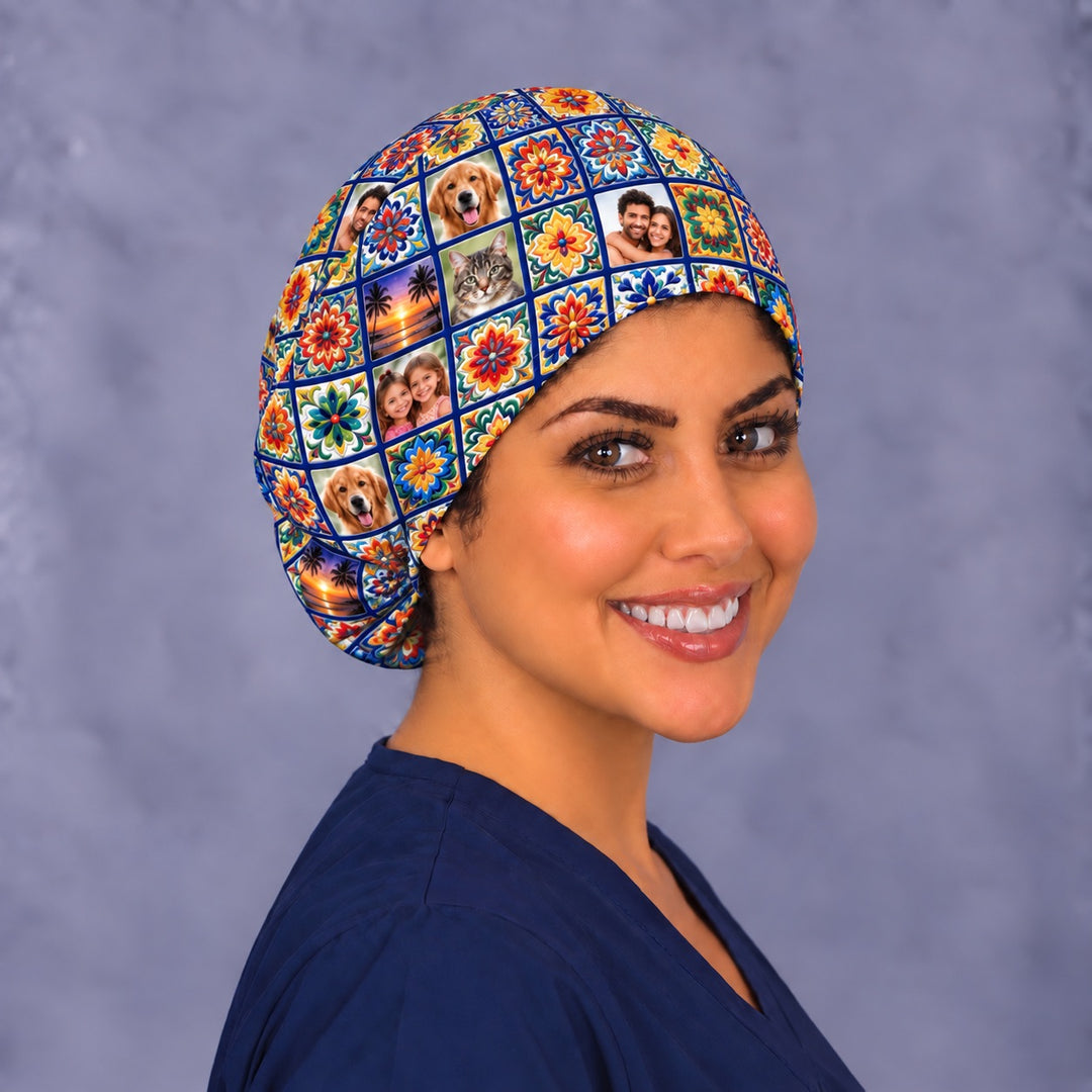 Right three-quarter angle of a custom pet photo euro OR cap, with deep cobalt blue grout lines framing each Talavera tile and photo square across the crown