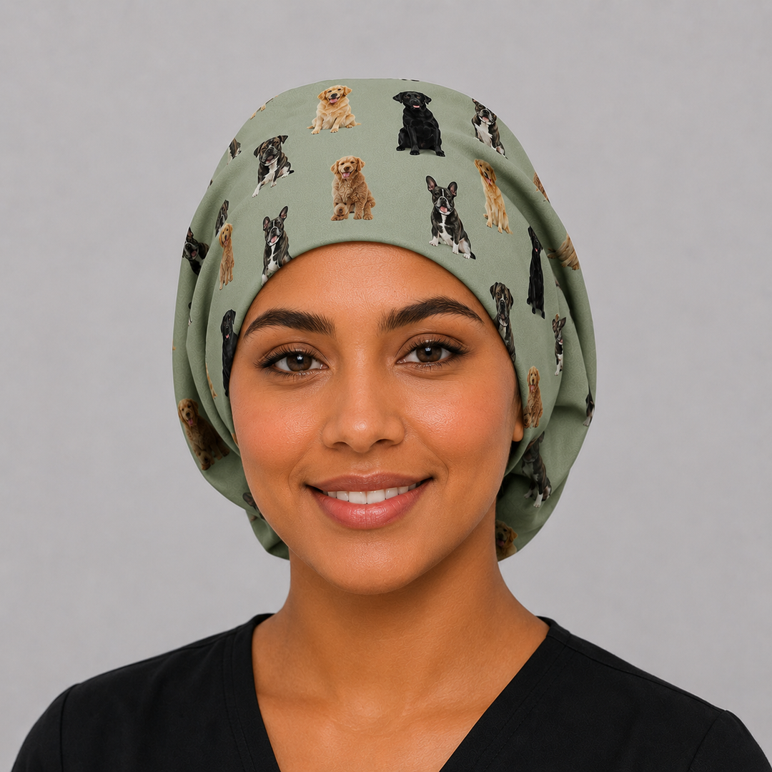 Custom pet photo euro scrub cap multi dog breeds sage green front view personalized surgical hat for nurses surgeons and veterinarians OR World handmade USA
