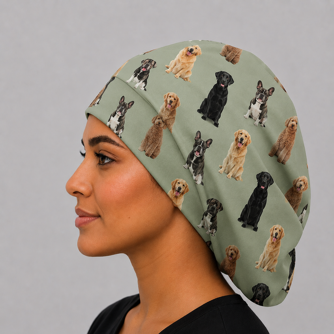 Custom pet photo euro scrub cap multi dog breeds sage green left side view personalized surgical hat for nurses surgeons and vet techs OR World handmade USA
