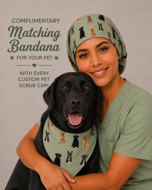 custom photo scrub cap euro style with dog pet cats and complimentary matching pet bandana multi dog breeds sage green free with every custom pet photo euro scrub cap OR World handmade USA