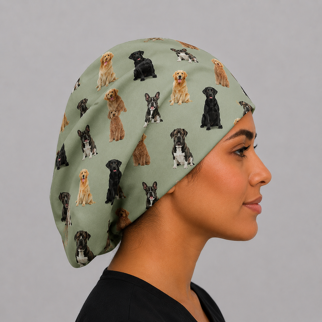 Custom pet photo euro scrub cap multi dog breeds sage green right side view adjustable personalized surgical hat for nurses and healthcare professionals OR World USA