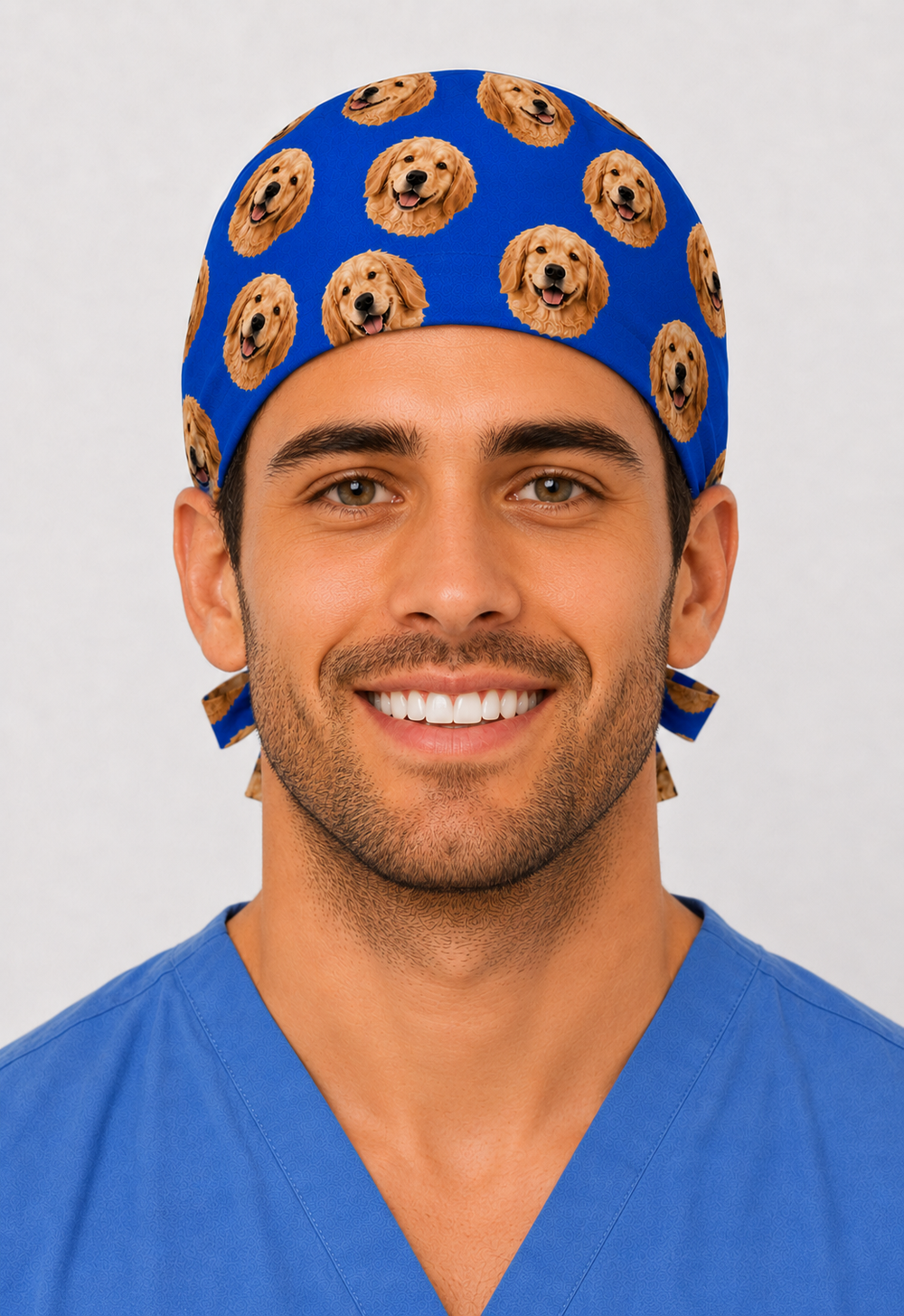 Custom pet photo men's scrub cap golden retriever royal blue front view personalized surgical hat for male nurses surgeons OR World handmade USA