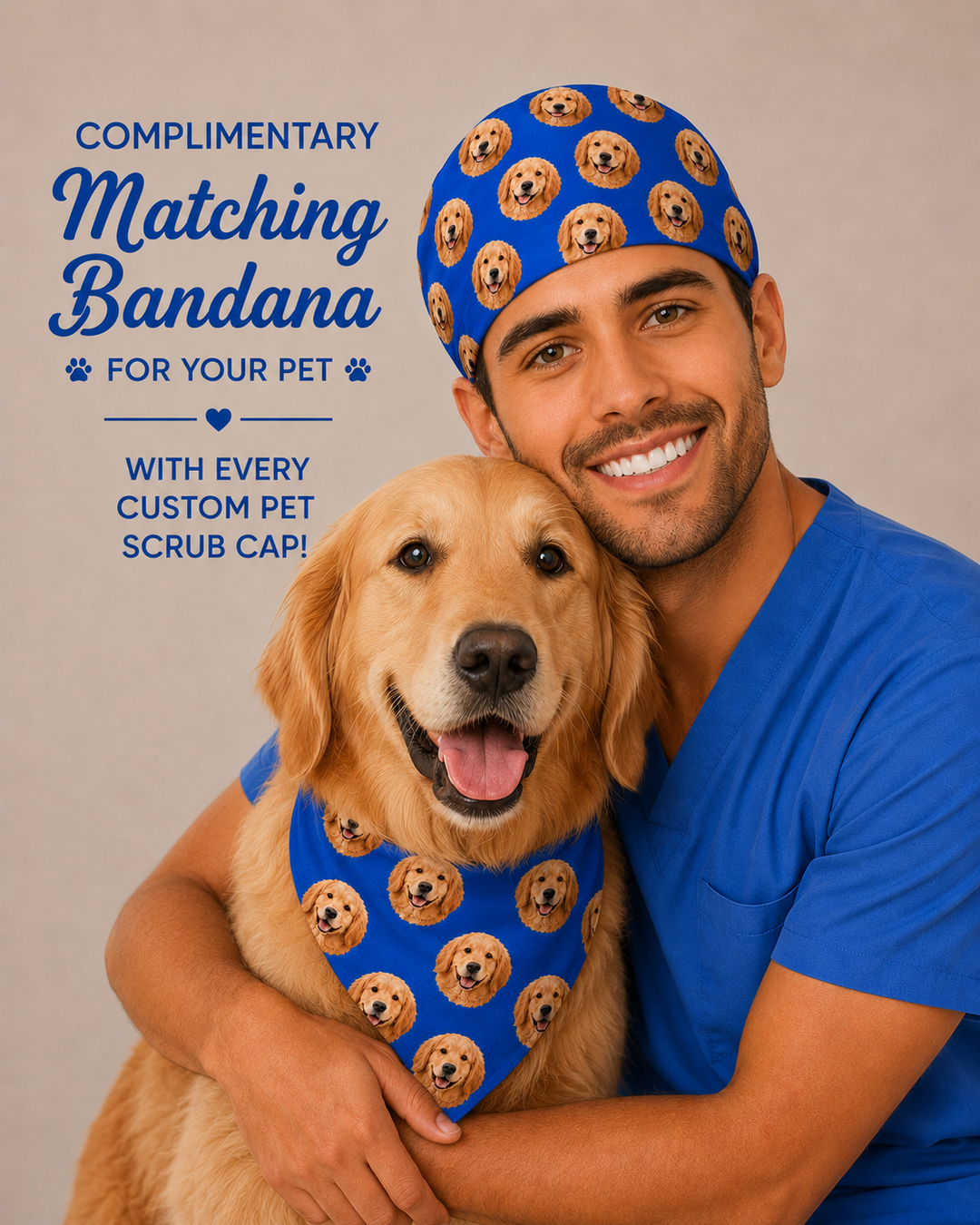 Custom pet photo men's scrub cap gift for surgeon with free bandana for dog on custom blue front view personalized surgical hat for male nurses surgeons OR World handmade USA