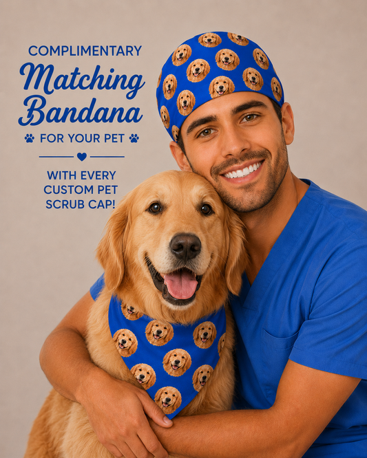 Custom pet photo men's scrub cap gift for surgeon with free bandana for dog on custom blue front view personalized surgical hat for male nurses surgeons OR World handmade USA