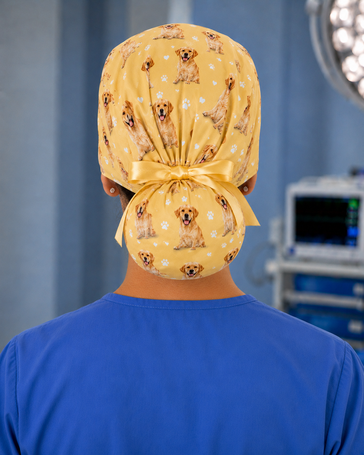 custom pet photo ponytail scrub cap back view — dog faces scattered across yellow surgical hat — handmade in USA OR World