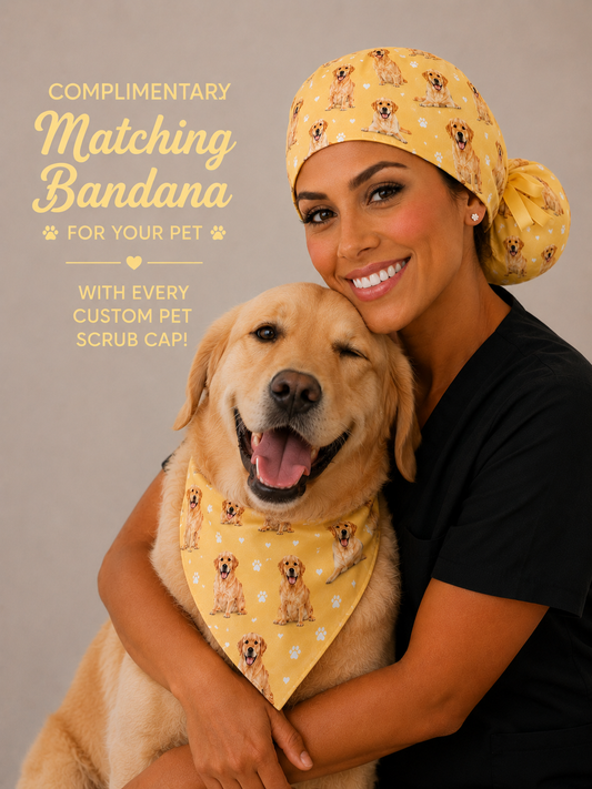 custom pet photo ponytail scrub cap front view with dog wearing free bandana pet custom photo printed faces and paw prints — personalized surgical hat for nurses — OR World