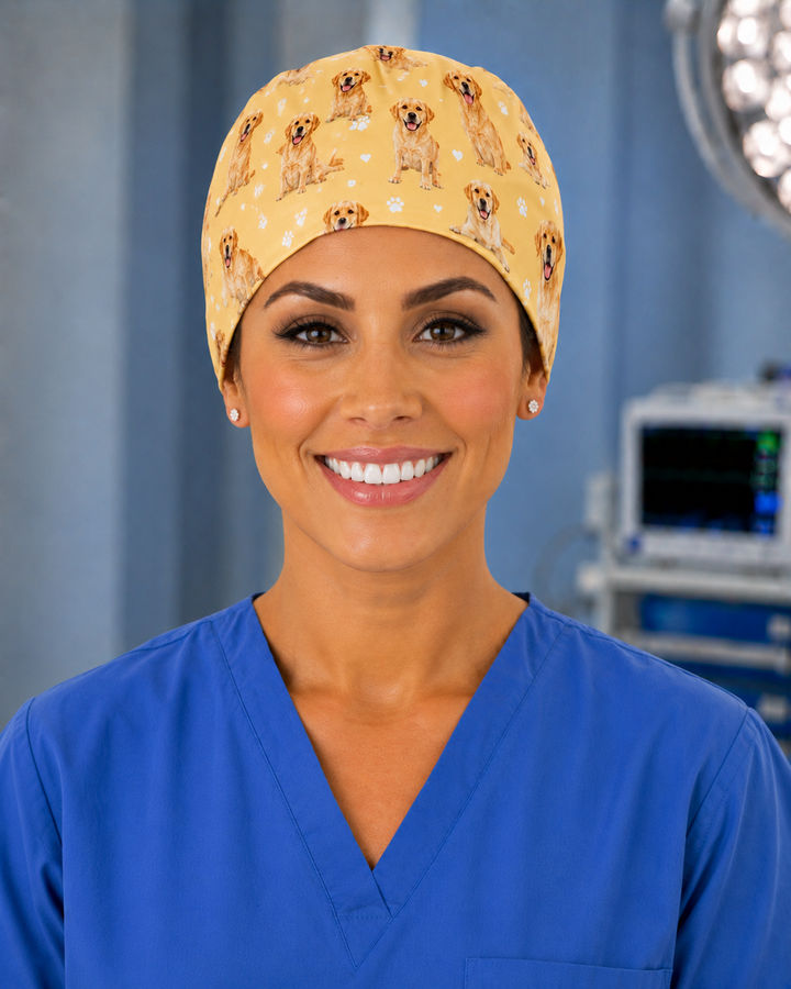 custom pet photo ponytail scrub cap front view yellow golden retriever dog faces and paw prints — personalized surgical hat for nurses — OR World