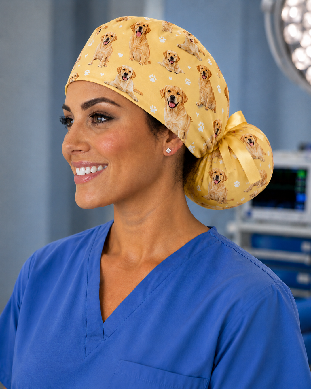 custom pet photo ponytail scrub cap left side view yellow background golden retriever — handmade personalized surgical hat — OR World