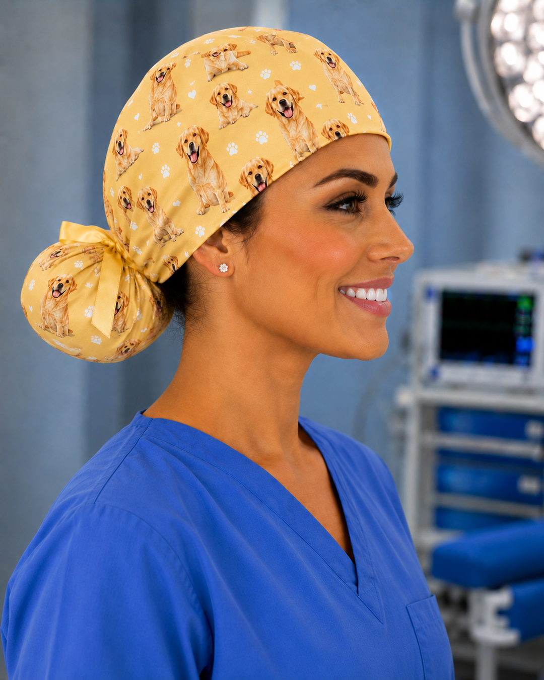 custom pet photo ponytail scrub cap right side — dog photo surgical hat with paw prints and hearts — personalized nurse scrub cap OR World