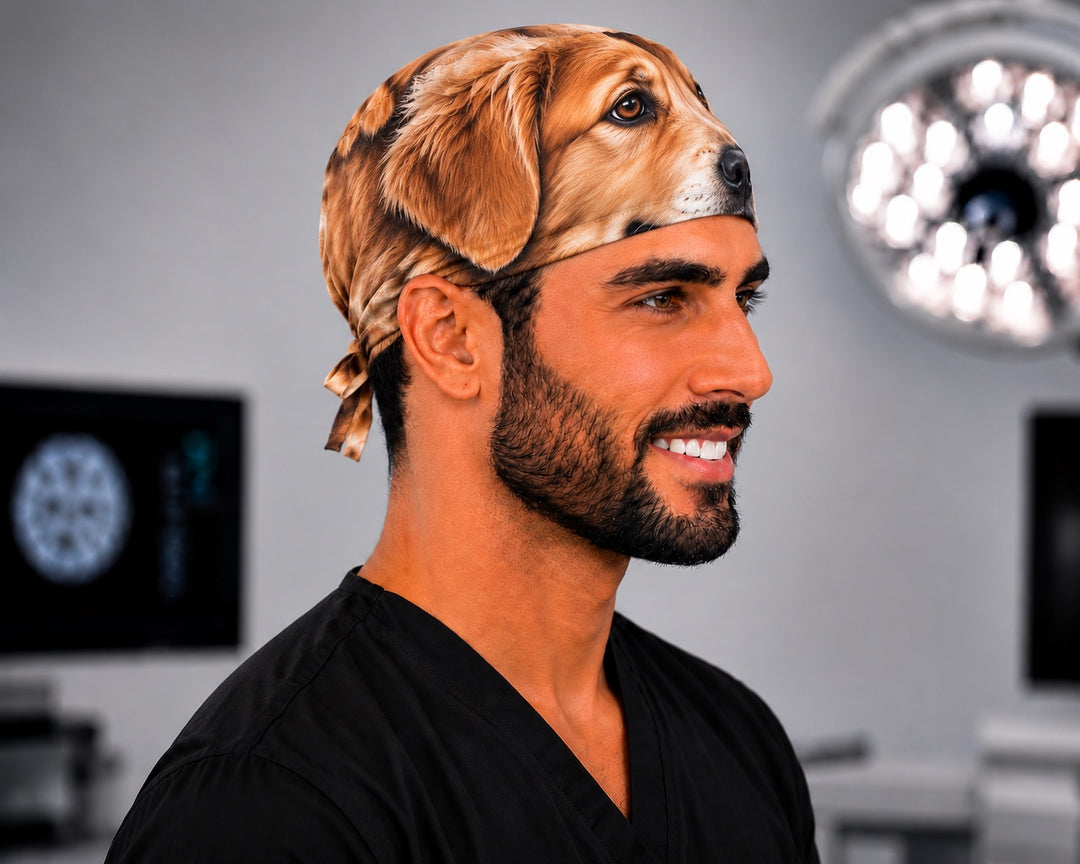 Side profile of a custom pet portrait tie-back scrub cap showing the ear and fur wrapping around, a funny personalized gift for anesthesia, CRNAs and surgical techs