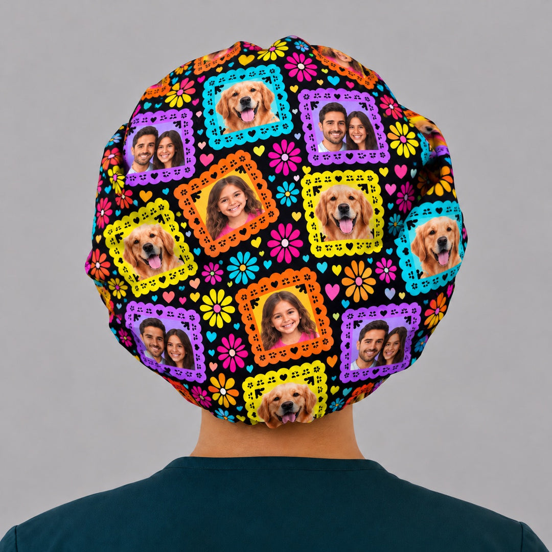 Back view of the custom photo bouffant cap, showing the full round crown tiled with dog, child and couple photos in rainbow papel picado frames