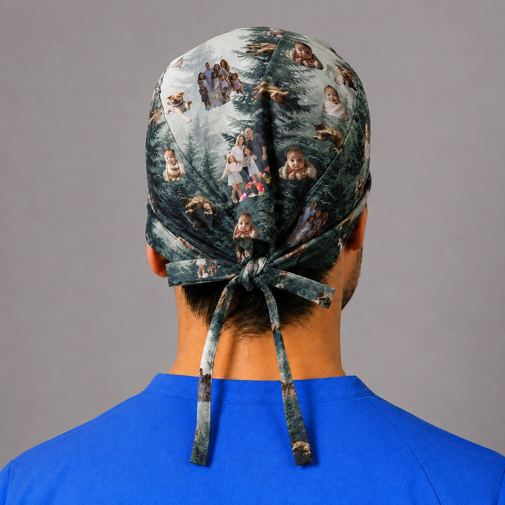 Back view of custom photo cutout collage scrub cap for men showing tie back closure with personalized cut out photos, misty forest background surgical hat, custom photo printing gift for surgeon retirement and graduation, handmade in USA, OR World