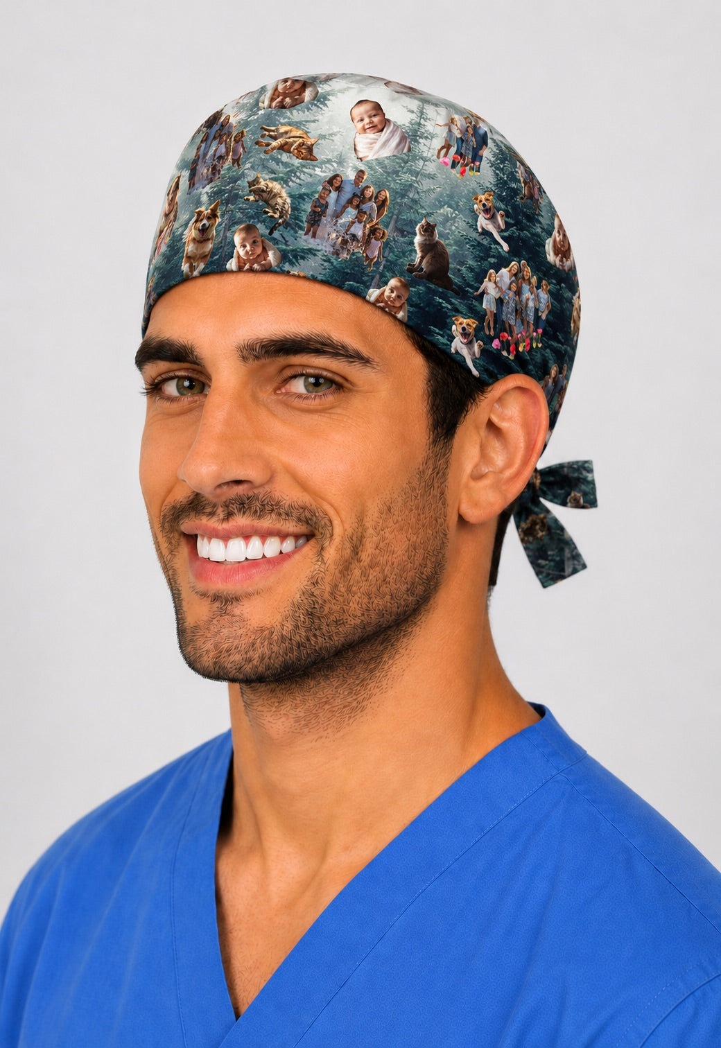 Custom photo cutout collage scrub cap for men on a misty forest background, front three quarter view on a male surgeon in blue scrubs, personalized cut out photos of family and pets floating across a tie back surgical hat, custom photo printing, handmade in USA gift for surgeons, OR World