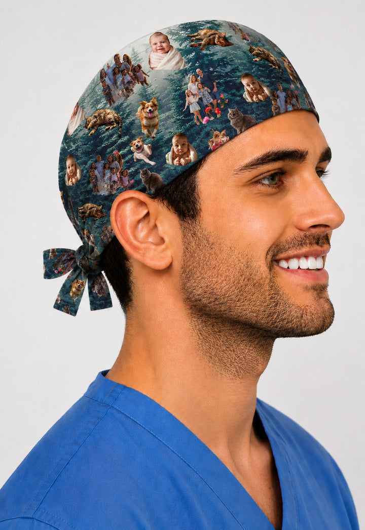Side profile of custom photo cutout collage scrub cap for men on a misty forest background, personalized cut out photos floating on a tie back surgical hat, premium custom photo printing keepsake gift for surgeons and OR teams, handmade in USA, OR World