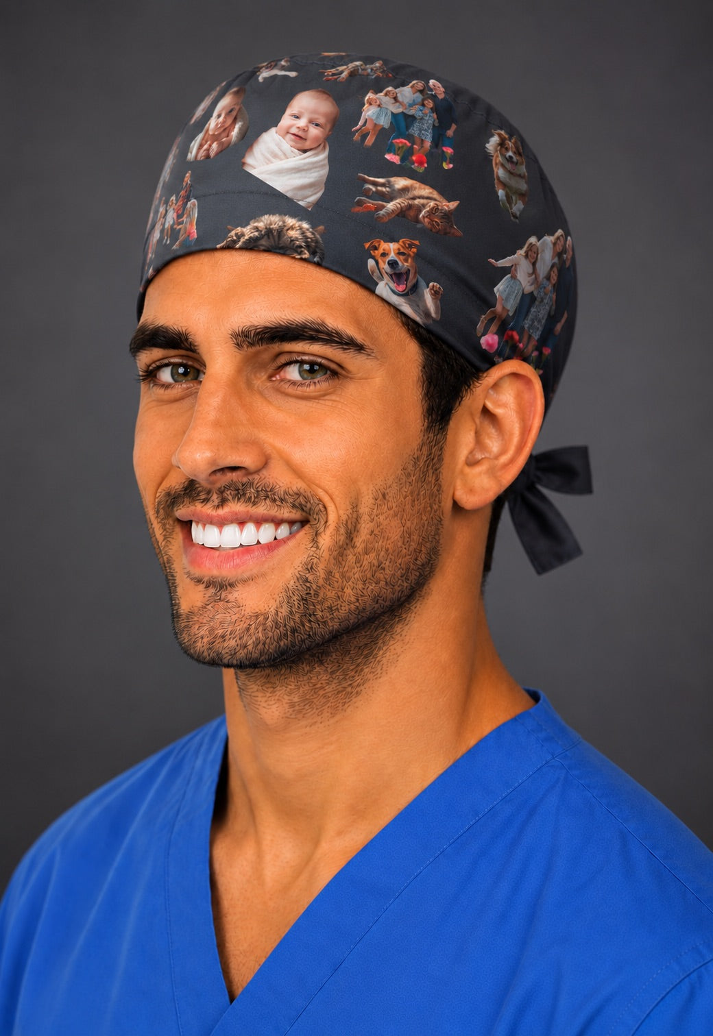 Custom photo cutout collage scrub cap for men on a solid gray background, front three quarter view on a male surgeon in blue scrubs, personalized cut out family and pet photos floating across a tie back surgical hat, custom photo printing, handmade in USA gift for surgeons, OR World