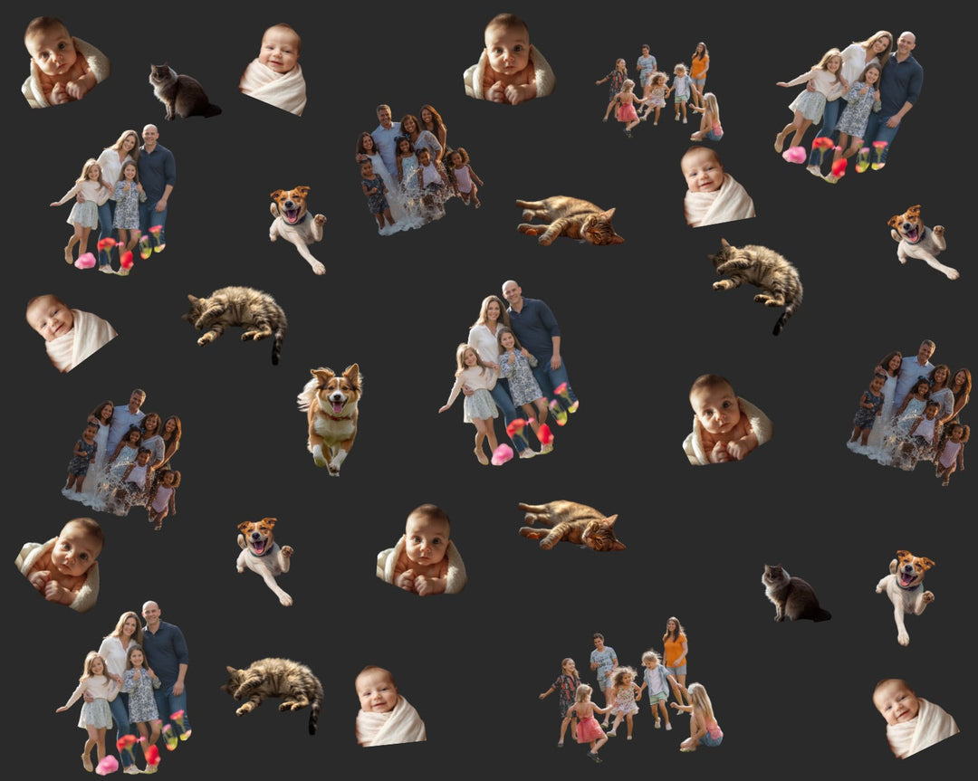 Custom photo cutout collage scrub cap background option, deep charcoal, personalized cut out family and pet photos scattered across a unisex surgical hat, premium custom photo printing gift for OR teams, handmade in USA, OR World