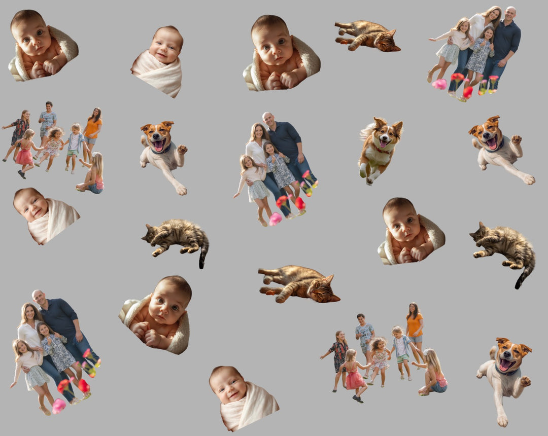 Custom photo cutout collage scrub cap fabric swatch on a solid gray background, personalized cut out family, baby, dog and cat photos scattered across the fabric with backgrounds removed, custom photo printing for men&
