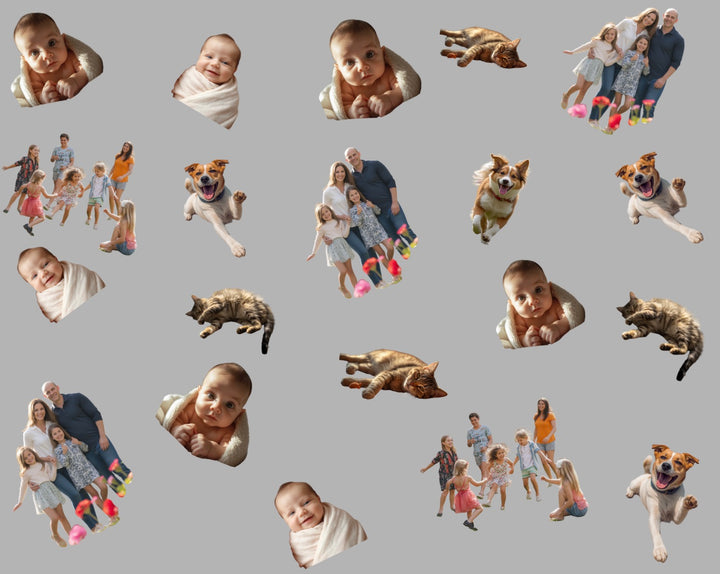 Custom photo cutout collage scrub cap fabric swatch on a solid gray background, personalized cut out family, baby, dog and cat photos scattered across the fabric with backgrounds removed, custom photo printing for men&