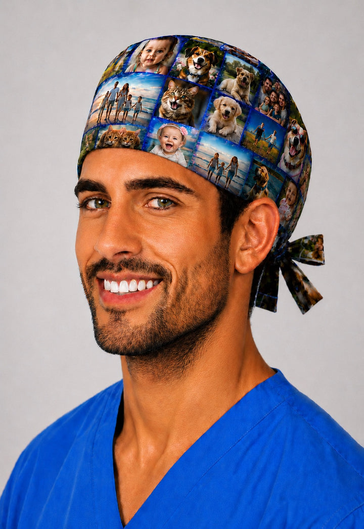 Male OR nurse wearing a blue galaxy cosmic custom photo grid scrub cap printed with baby, dog, cat and family photos, side tie-back view — personalized photo surgical hat, handmade in the USA by OR World.