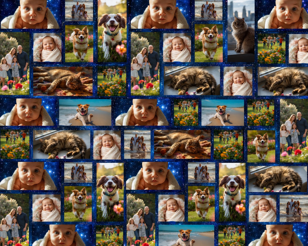 Close-up of the blue galaxy cosmic fabric print on a custom photo grid scrub cap showing baby, running dog, cat and family photos — up to 10 personalized photos, surgical hat by OR World.