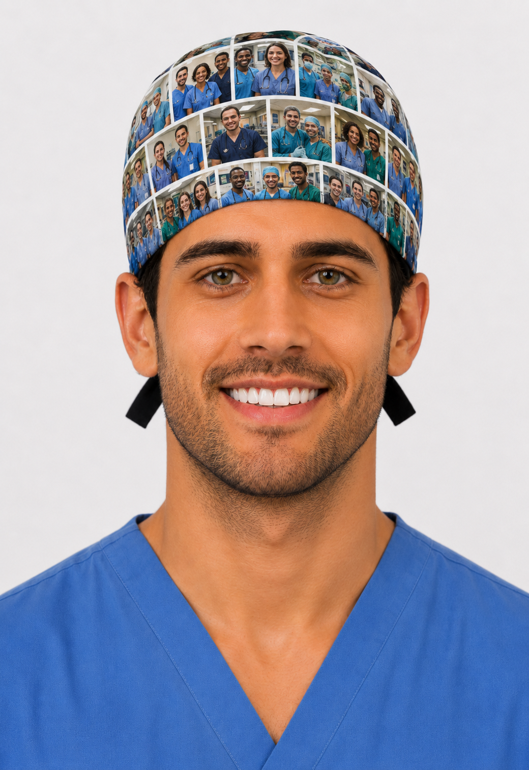 Smiling male surgeon wearing a custom photo grid scrub cap covered in healthcare team photos, front view — personalized photo surgical hat, handmade in the USA by OR World.