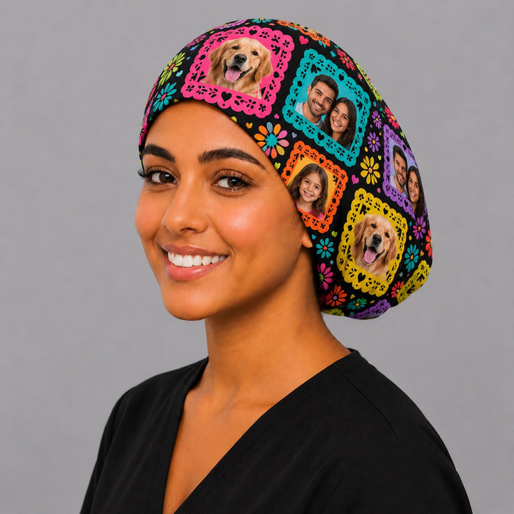Custom photo Mexican scrub cap with family and dog photos in papel picado frames, Euro surgical hat on a smiling nurse