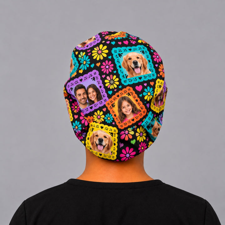 Back of a custom photo papel picado Euro scrub cap showing the elastic band, handmade in the USA