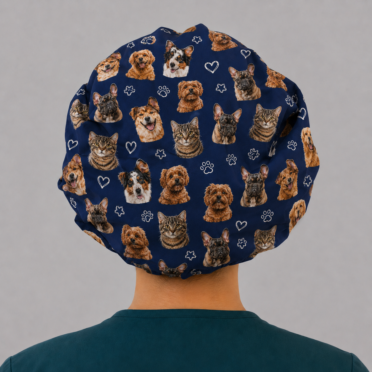 Custom photo scrub cap — personalized photo bouffant surgical hat for women, navy with example pet photos, back view with room for long hair, handmade-in-USA OR World.