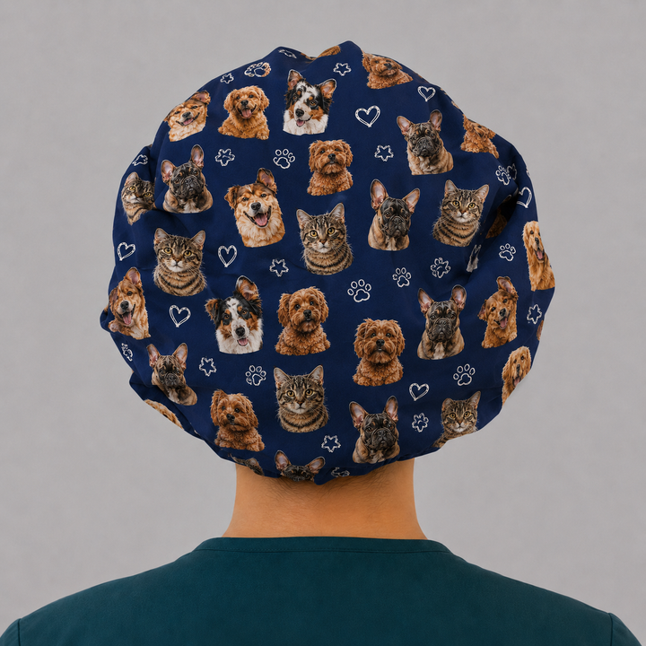 Custom photo scrub cap — personalized photo bouffant surgical hat for women, navy with example pet photos, back view with room for long hair, handmade-in-USA OR World.