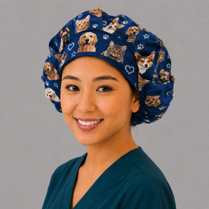 Custom Photo Pet Bouffant Scrub Cap front view — personalized dog &amp; cat photo surgical hat for women, vets &amp; vet techs, navy with paw prints, up to 10 photos, handmade USA OR World.