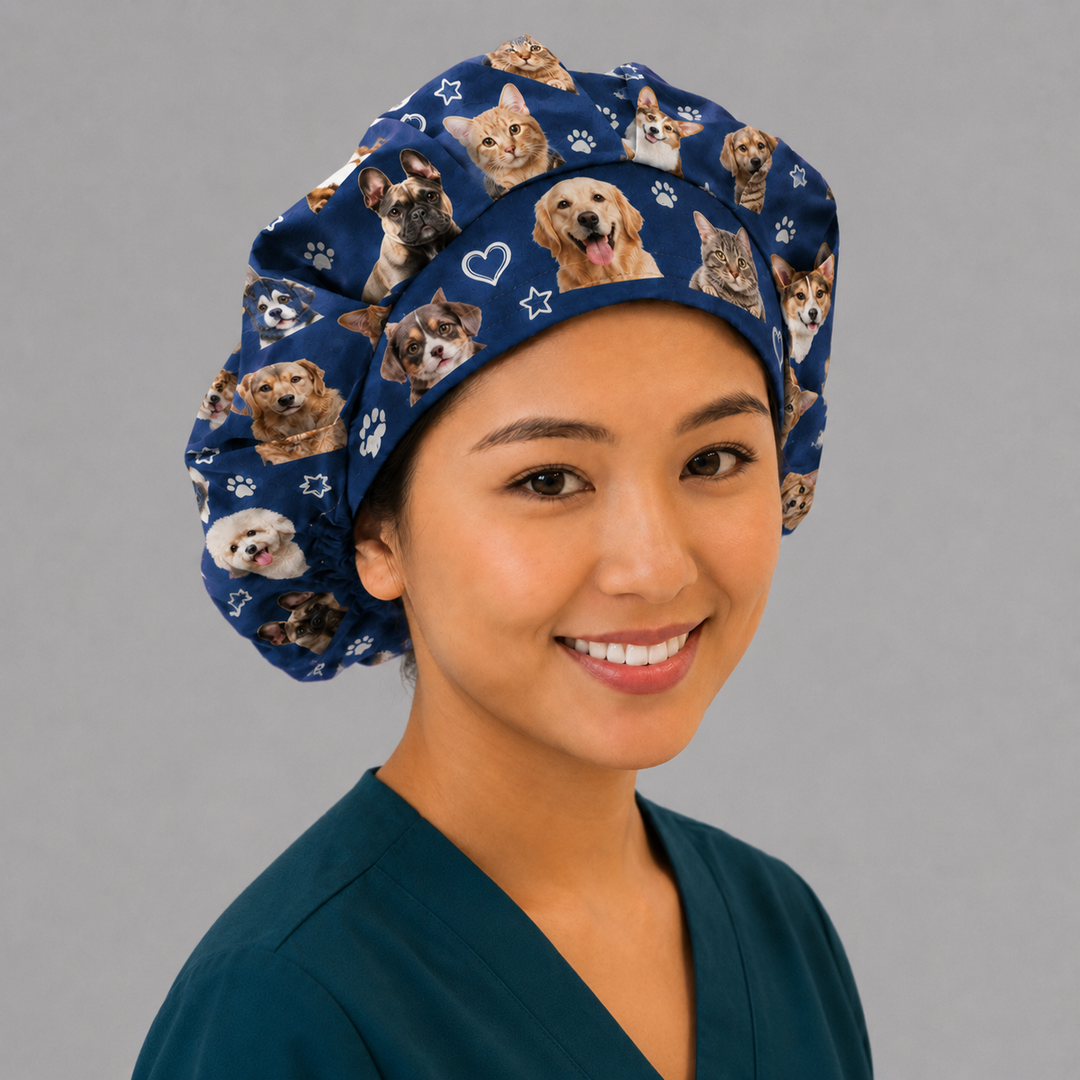 Custom Photo Pet Bouffant Scrub Cap | Personalized Dog &amp; Cat Photo Surgical Hat for Women &amp; Vets | Up to 10 Photos + Handwritten Note